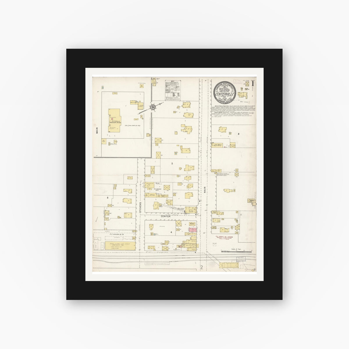 Old map wall art mockup — black gallery frame with white mat — Sanborn Fire Insurance Map from Centerville, Alameda County, California (1913), Sheet #0001