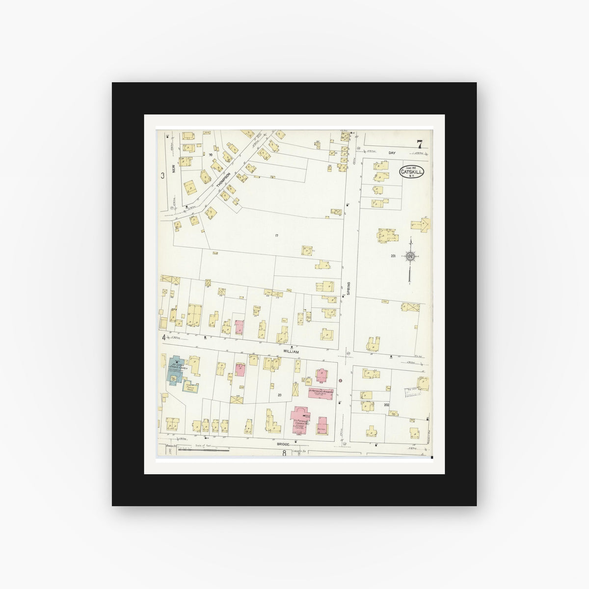 Old map wall art mockup — black gallery frame with white mat — Sanborn Fire Insurance Map from Catskill, Greene County, New York (1912), Sheet #0007