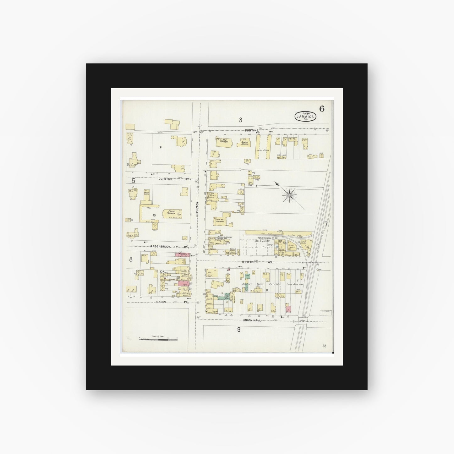 Old map wall art mockup — black gallery frame with white mat — Sanborn Fire Insurance Map from Jamaica, Queens County, New York (1897), Sheet #0006