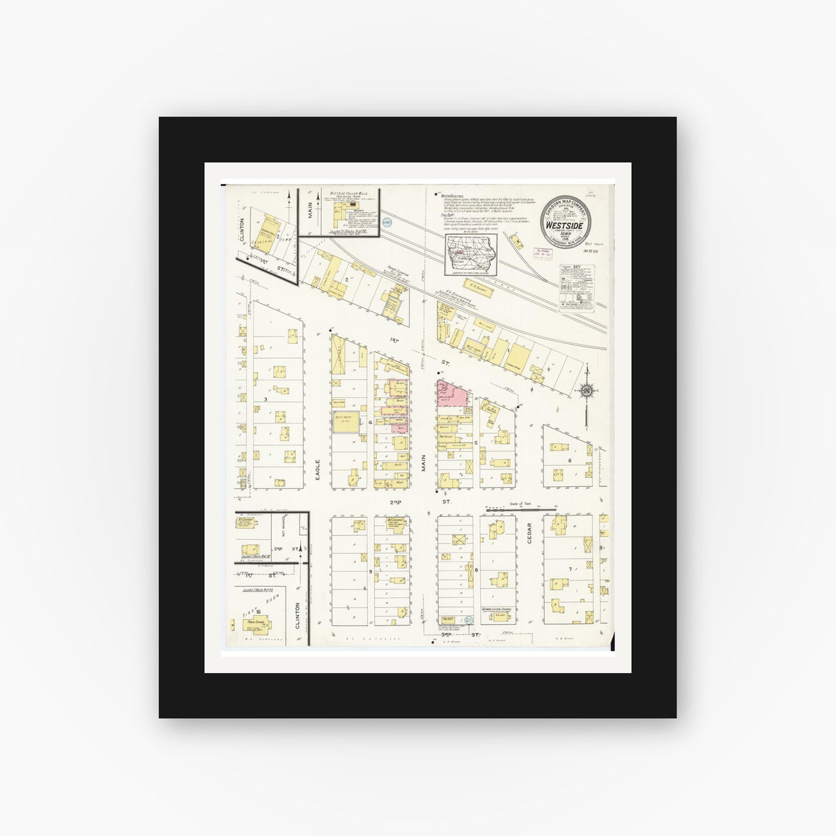 Old map wall art mockup — black gallery frame with white mat — Sanborn Fire Insurance Map from Westside, Crawford County, Iowa (1915), Sheet #0001
