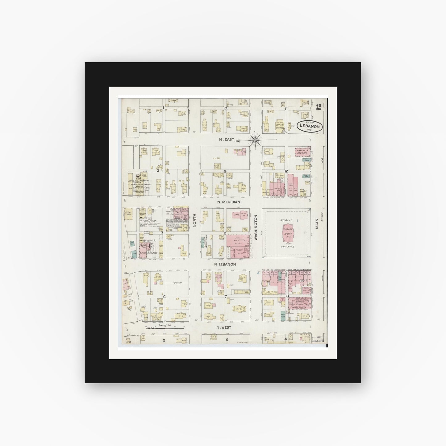 Old map wall art mockup — black gallery frame with white mat — Sanborn Fire Insurance Map from Lebanon, Boone County, Indiana (1887), Sheet #0002