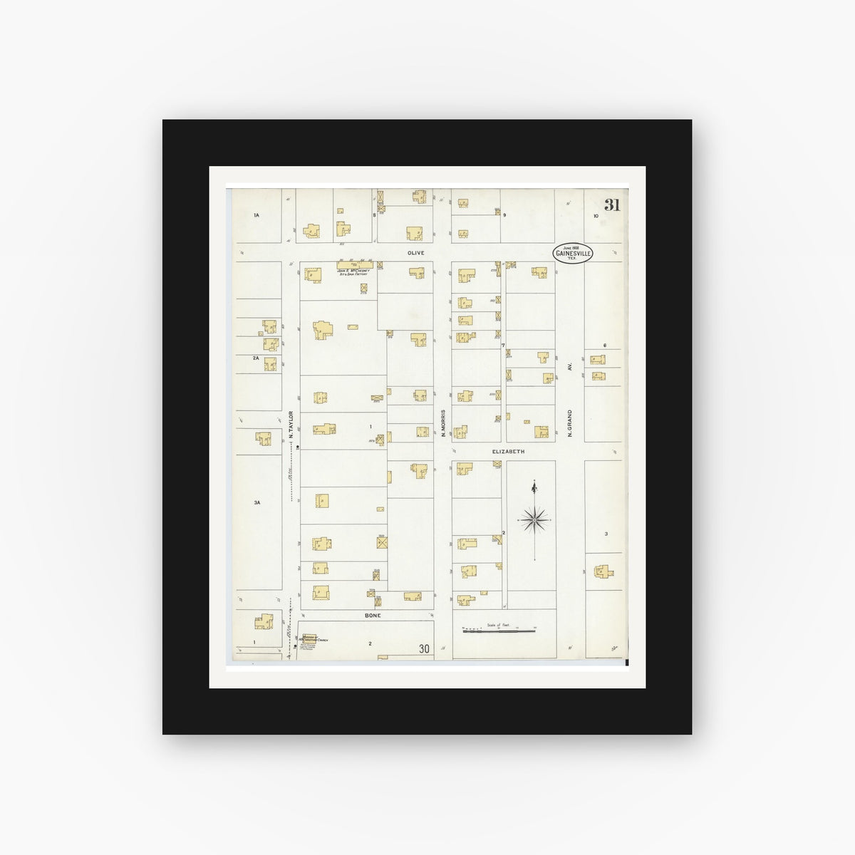 Old map wall art mockup — black gallery frame with white mat — Sanborn Fire Insurance Map from Gainesville, Cooke County, Texas (1908), Sheet #0031