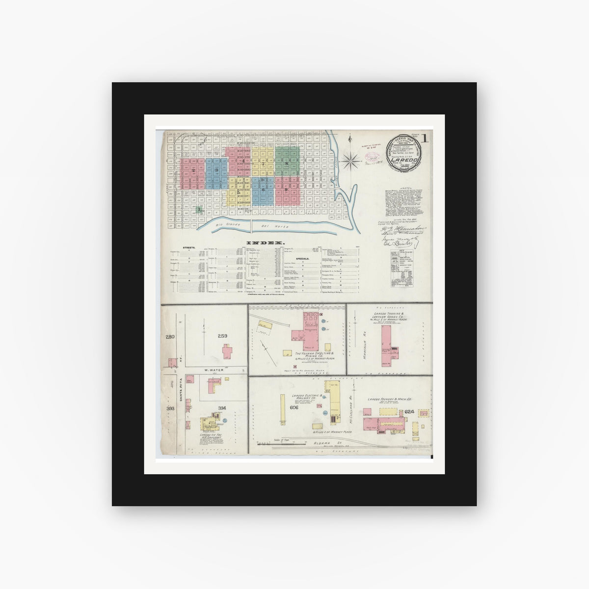 Old map wall art mockup — black gallery frame with white mat — Sanborn Fire Insurance Map from Laredo, Webb County, Texas (1894) - Complete Map Set