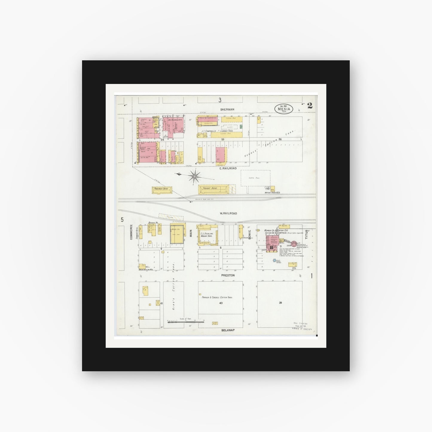Old map wall art mockup — black gallery frame with white mat — Sanborn Fire Insurance Map from Mexia, Limestone County, Texas (1901), Sheet #0002