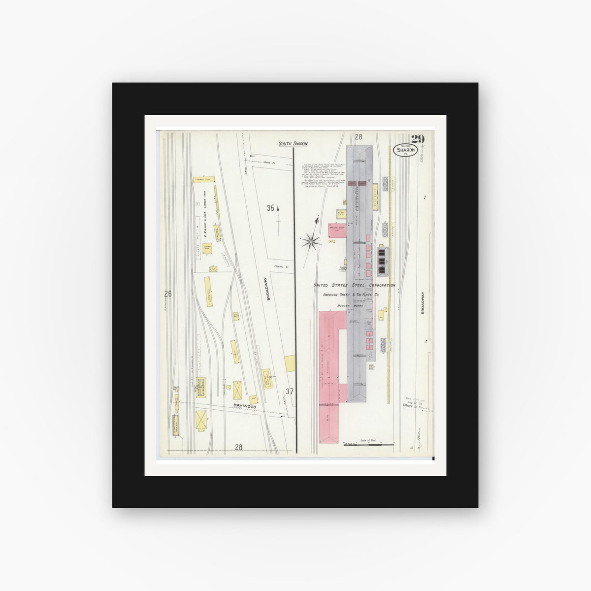 Old map wall art mockup β black gallery frame with white mat β Sanborn Fire Insurance Map from Sharon, Mercer County, Pennsylvania (1908), Sheet #0029