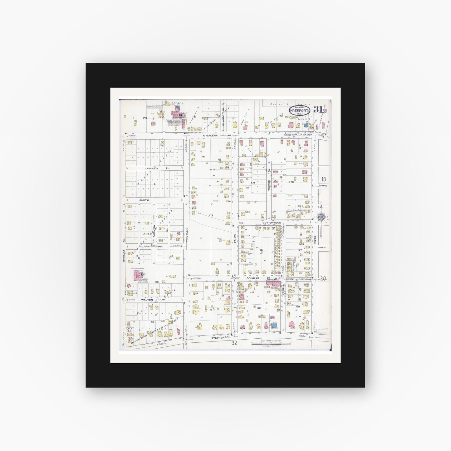 Old map wall art mockup — black gallery frame with white mat — Sanborn Fire Insurance Map from Freeport, Stephenson County, Illinois (1918), Sheet #0031