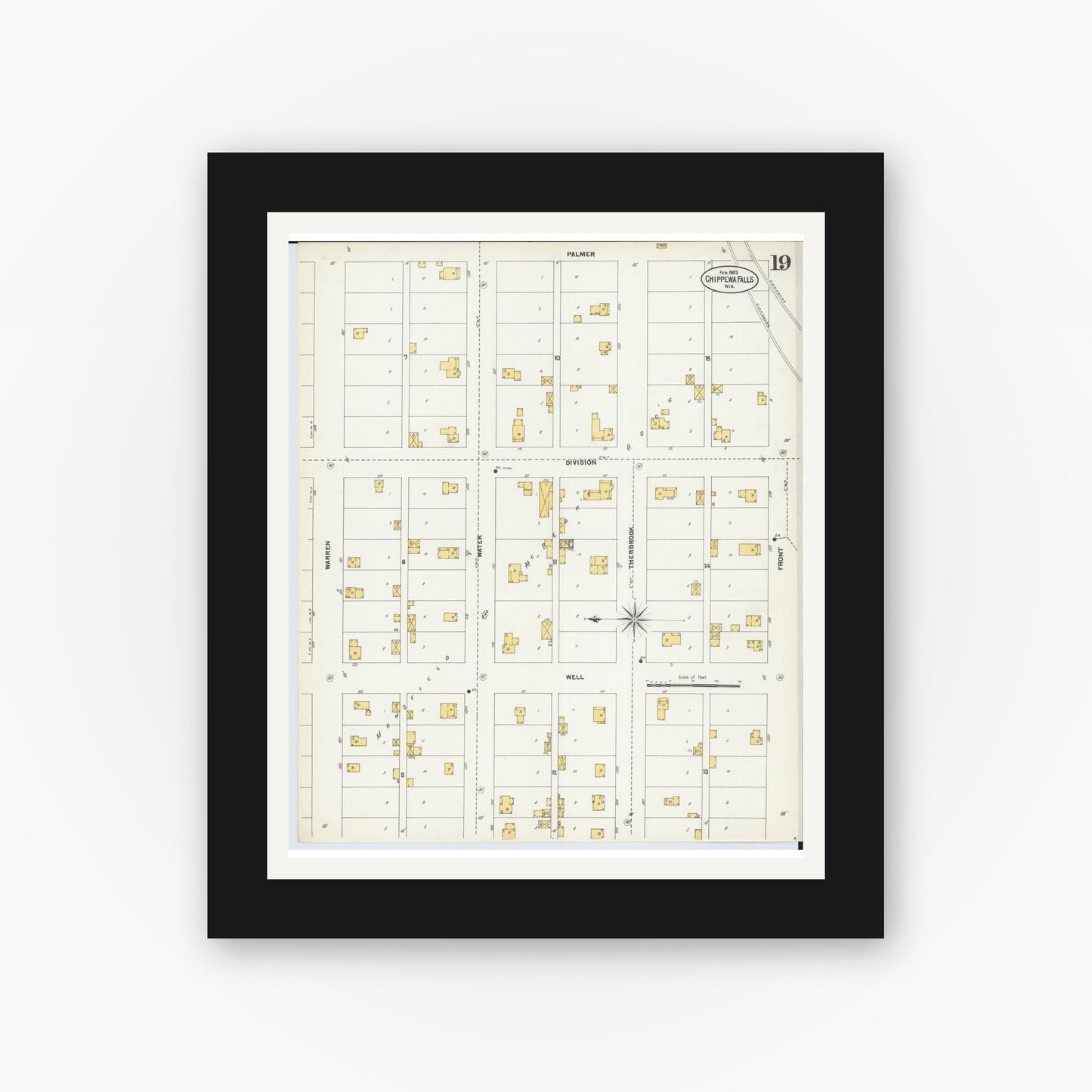 Old map wall art mockup — black gallery frame with white mat — Sanborn Fire Insurance Map from Chippewa Falls, Chippewa County, Wisconsin (1903), Sheet #0019