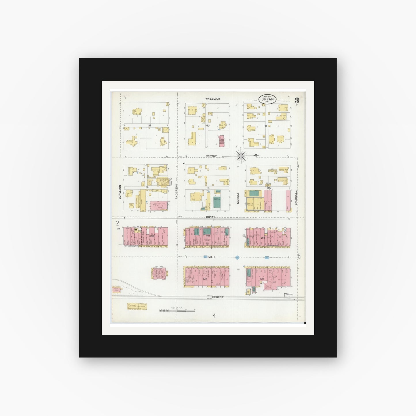 Old map wall art mockup — black gallery frame with white mat — Sanborn Fire Insurance Map from Bryan, Brazos County, Texas (1901), Sheet #0003