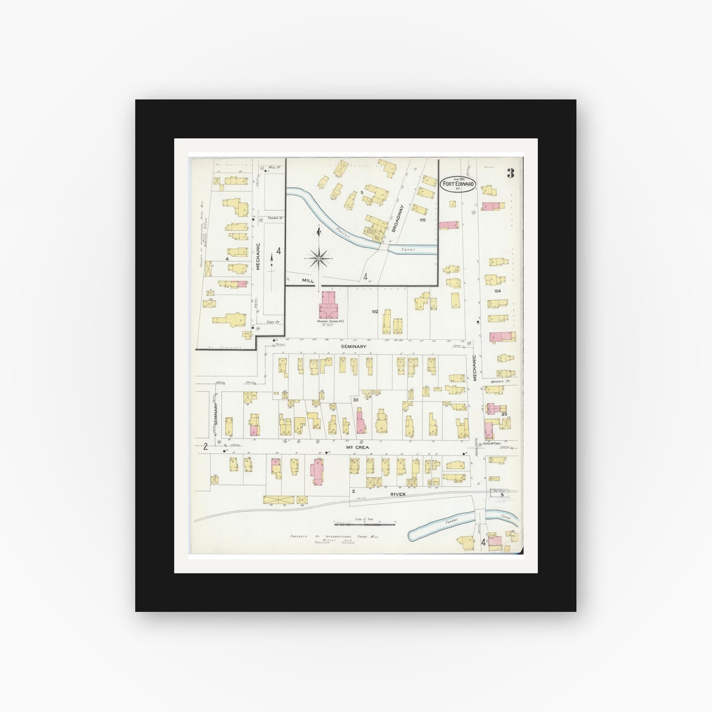 Old map wall art mockup — black gallery frame with white mat — Sanborn Fire Insurance Map from Fort Edward, Washington County, New York (1909), Sheet #0003