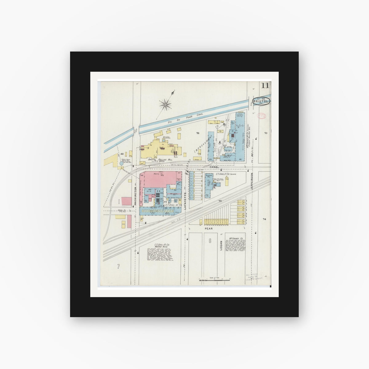 Old map wall art mockup — black gallery frame with white mat — Sanborn Fire Insurance Map from Bristol, Bucks County, Pennsylvania (1894), Sheet #0011