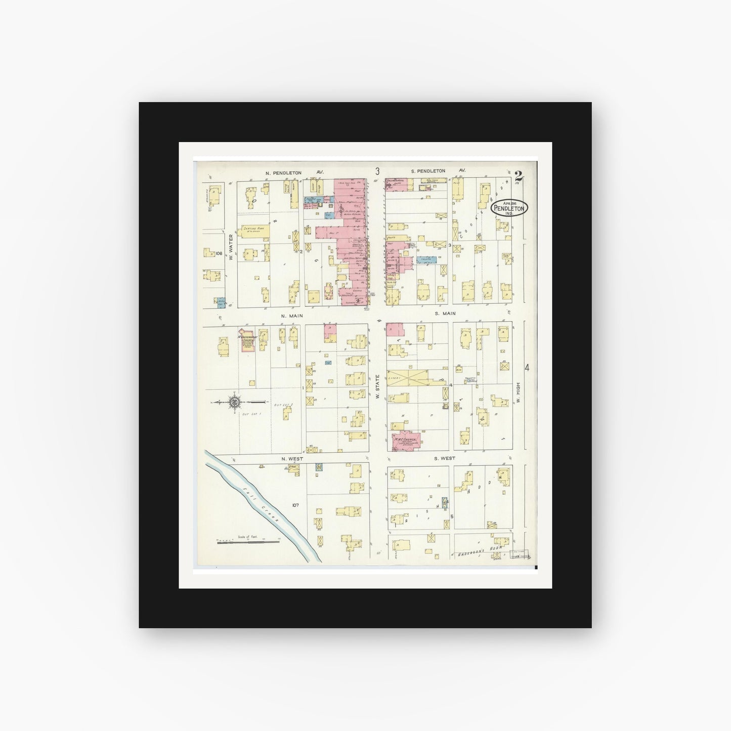 Old map wall art mockup — black gallery frame with white mat — Sanborn Fire Insurance Map from Pendleton, Madison County, Indiana (1914), Sheet #0002