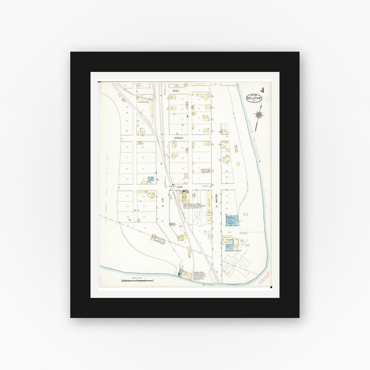 Old map wall art mockup — black gallery frame with white mat — Sanborn Fire Insurance Map from Bellevue, Jackson County, Iowa (1914), Sheet #0004