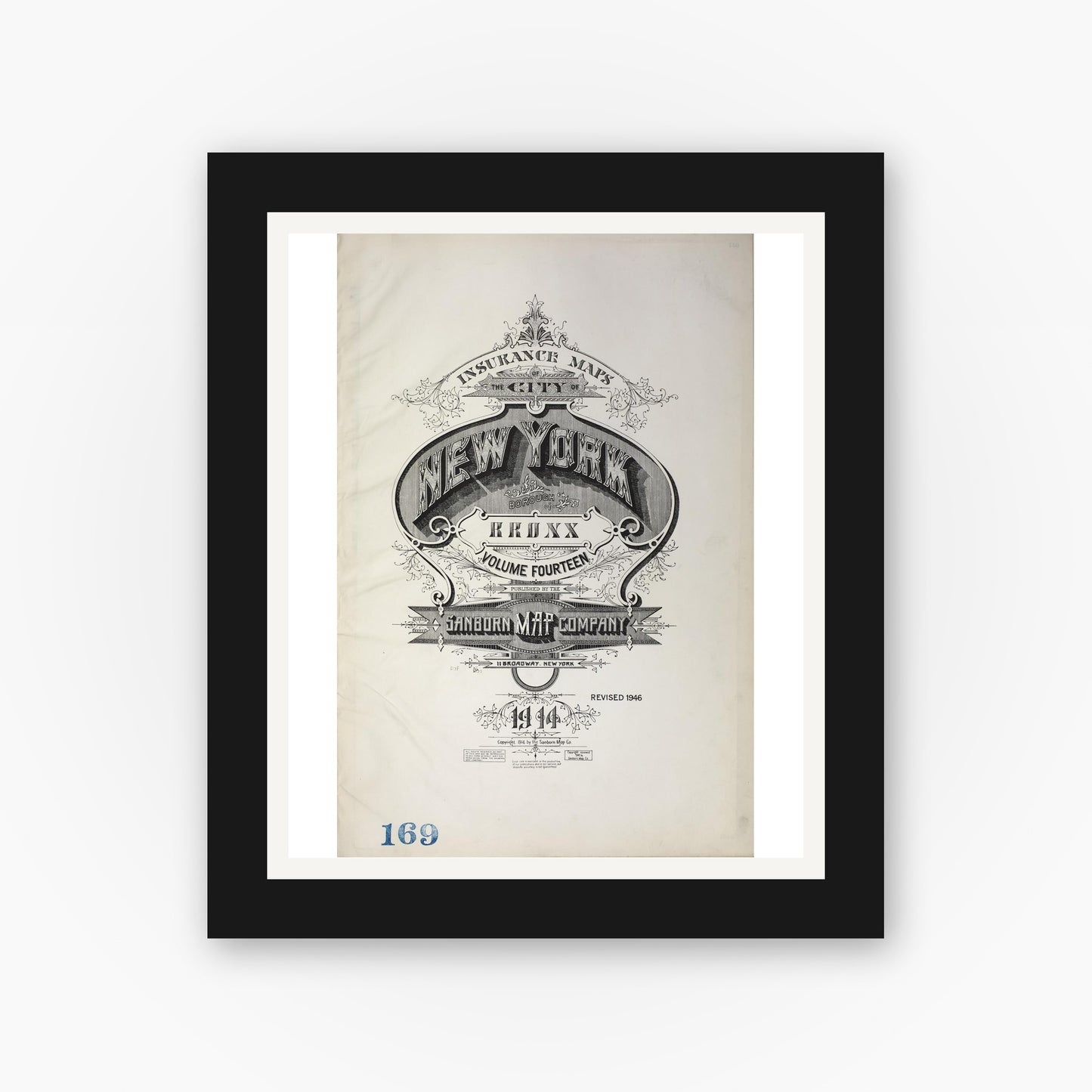 Old map wall art mockup — black gallery frame with white mat — Sanborn Fire Insurance Map from New York, Bronx, Manhattan, New York (1946), Sheet #0001