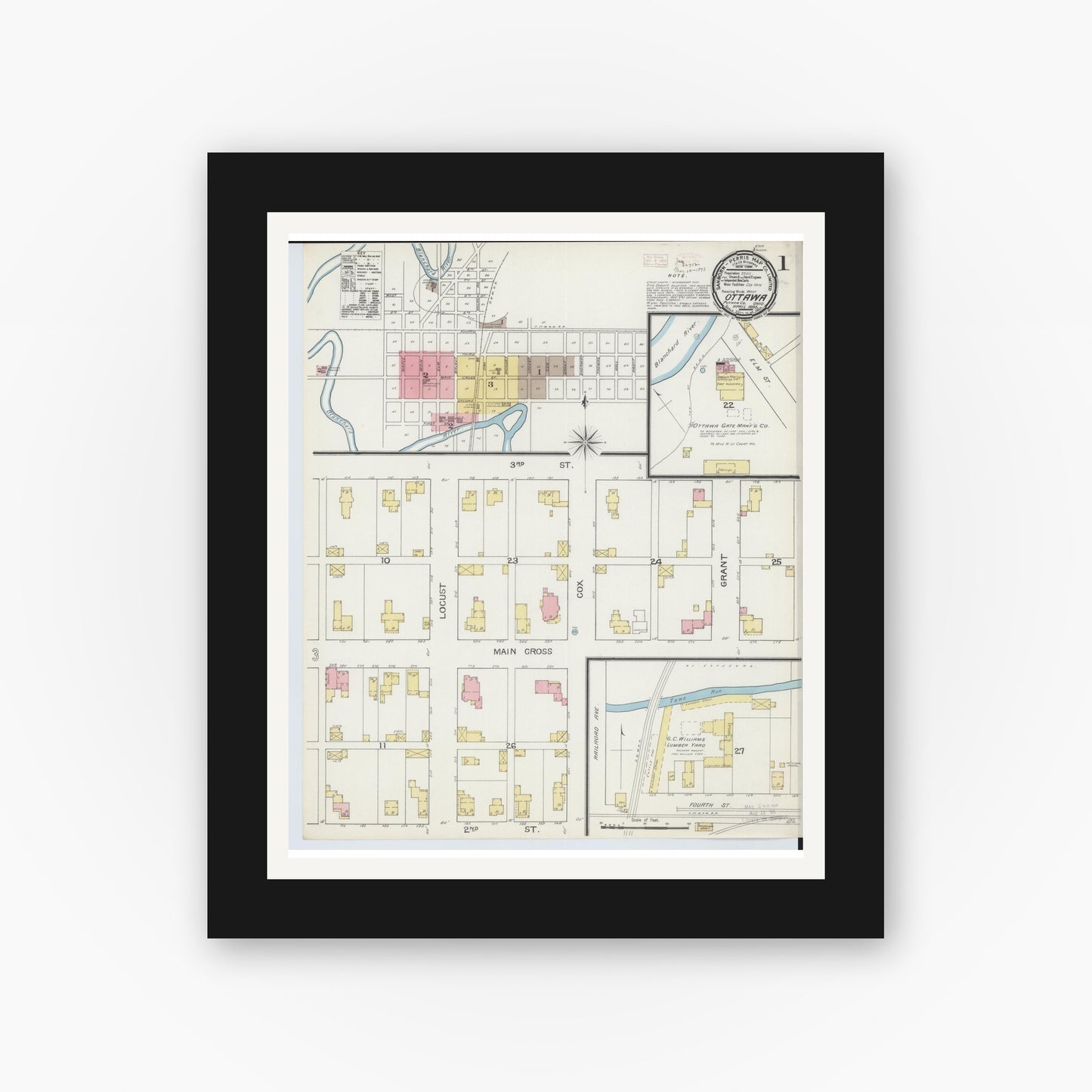 Old map wall art mockup β black gallery frame with white mat β Sanborn Fire Insurance Map from Ottawa, Putnam County, Ohio (1893) - Complete Map Set