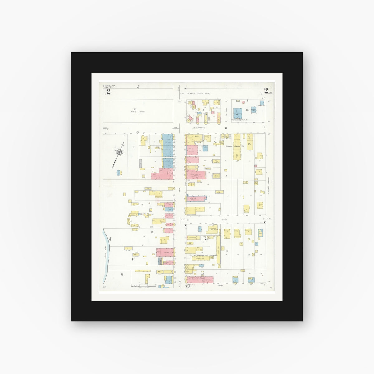 Old map wall art mockup — black gallery frame with white mat — Sanborn Fire Insurance Map from Boerne, Kendall County, Texas (1937), Sheet #0002