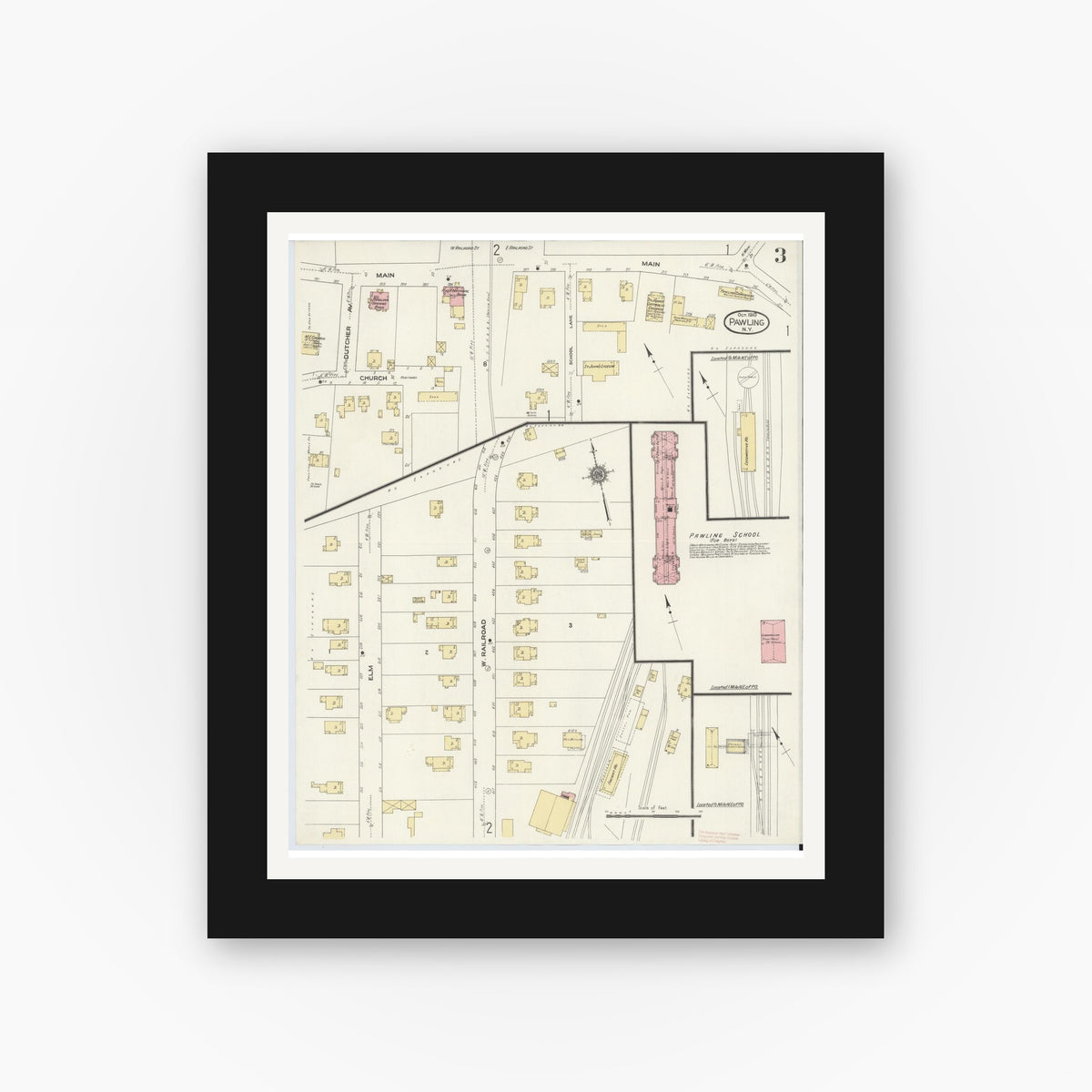 Old map wall art mockup — black gallery frame with white mat — Sanborn Fire Insurance Map from Pawling, Dutchess County, New York (1910), Sheet #0003