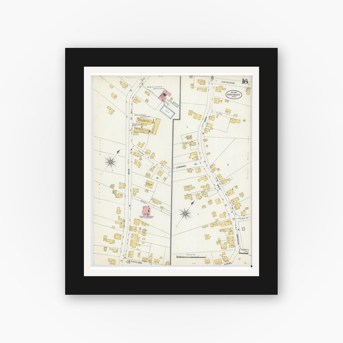 Old map wall art mockup — black gallery frame with white mat — Sanborn Fire Insurance Map from Amesbury, Essex County, Massachusetts (1904), Sheet #0016