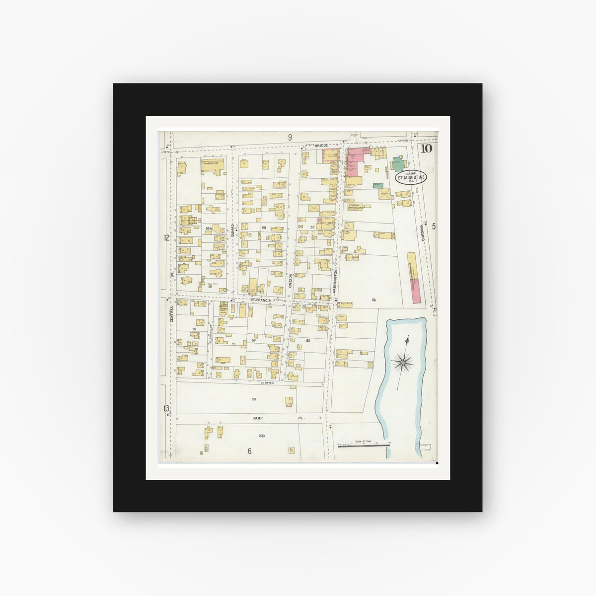 Old map wall art mockup — black gallery frame with white mat — Sanborn Fire Insurance Map from Saint Augustine, Saint John's County, Florida (1904), Sheet #0010