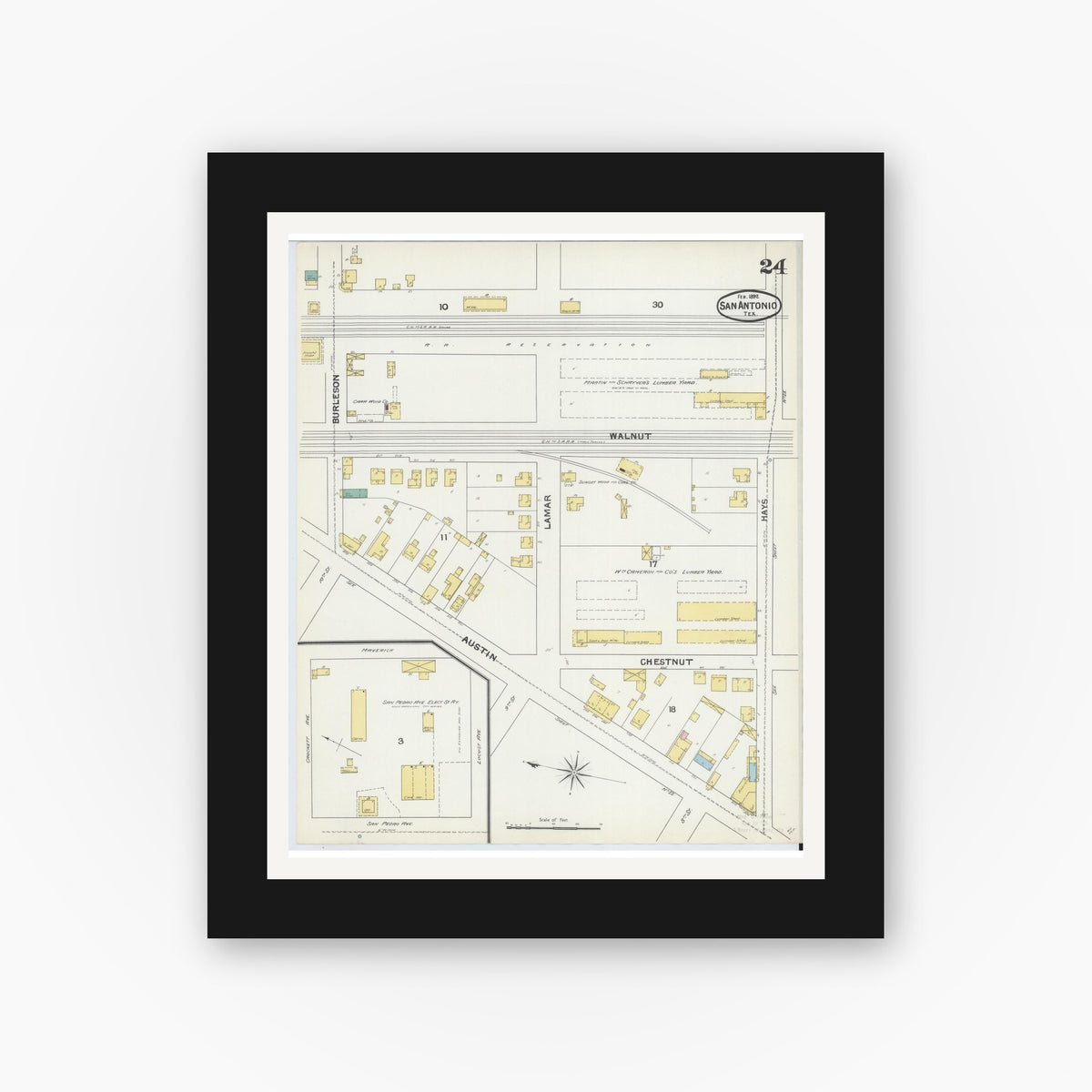 Old map wall art mockup — black gallery frame with white mat — Sanborn Fire Insurance Map from San Antonio, Bexar County, Texas (1892), Sheet #0024