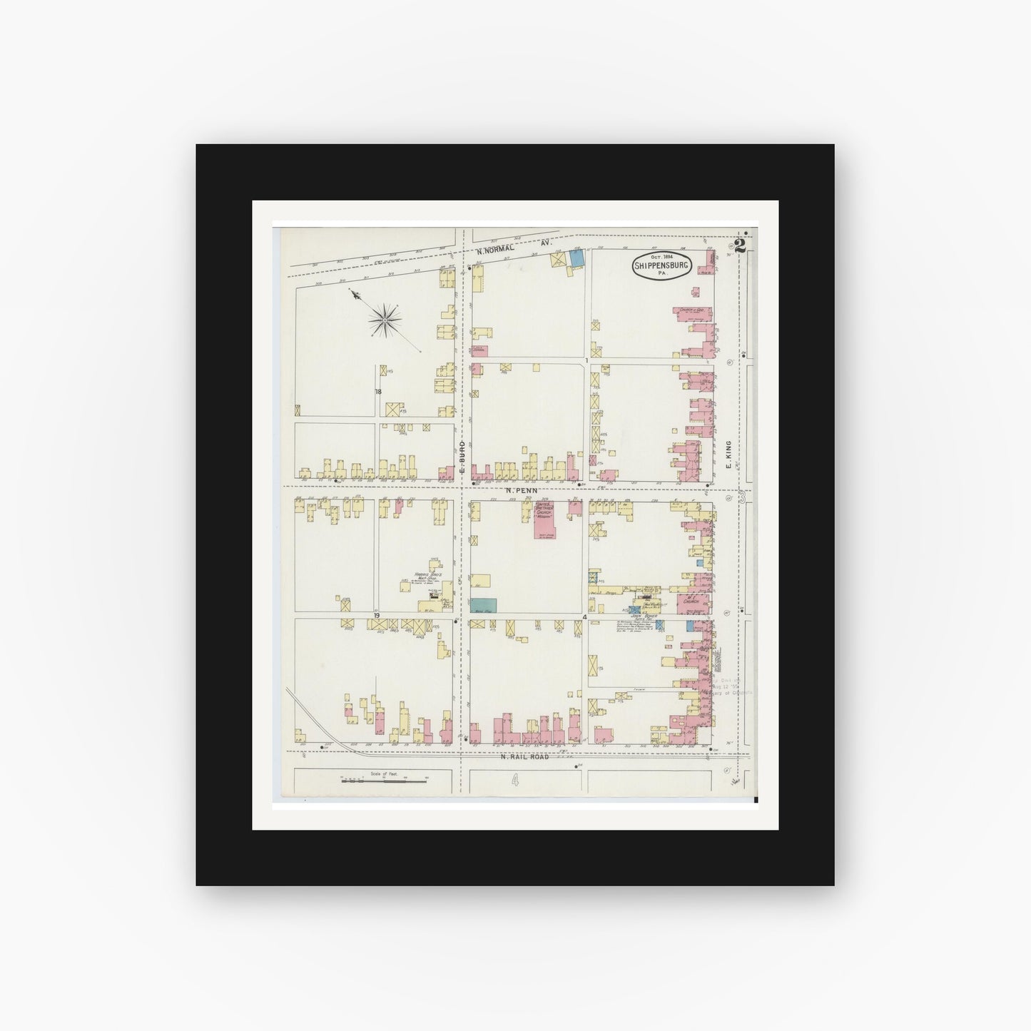 Old map wall art mockup — black gallery frame with white mat — Sanborn Fire Insurance Map from Shippensburg, Cumberland And Franklin Counties, Pennsylvania (1894), Sheet #0002