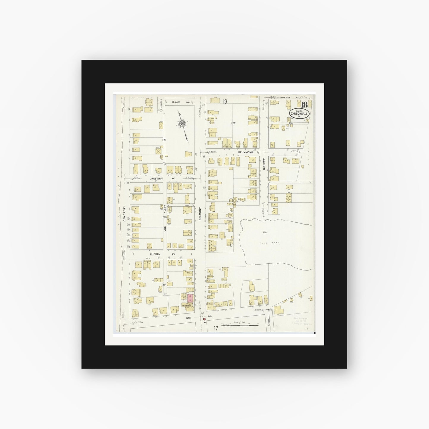 Old map wall art mockup — black gallery frame with white mat — Sanborn Fire Insurance Map from Carbondale, Lackawanna County, Pennsylvania (1912), Sheet #0018
