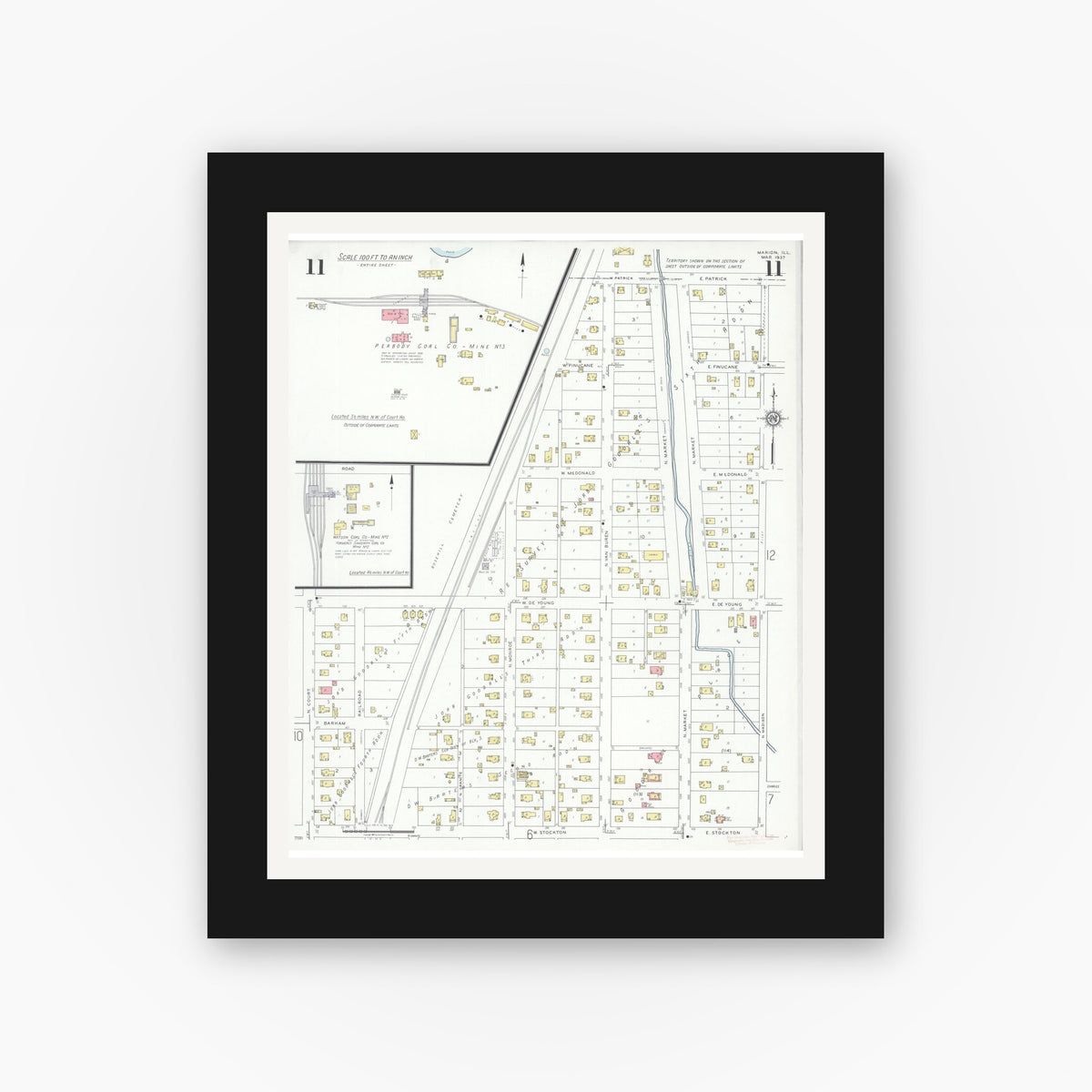 Old map wall art mockup — black gallery frame with white mat — Sanborn Fire Insurance Map from Marion, Williamson County, Illinois (1937), Sheet #0011