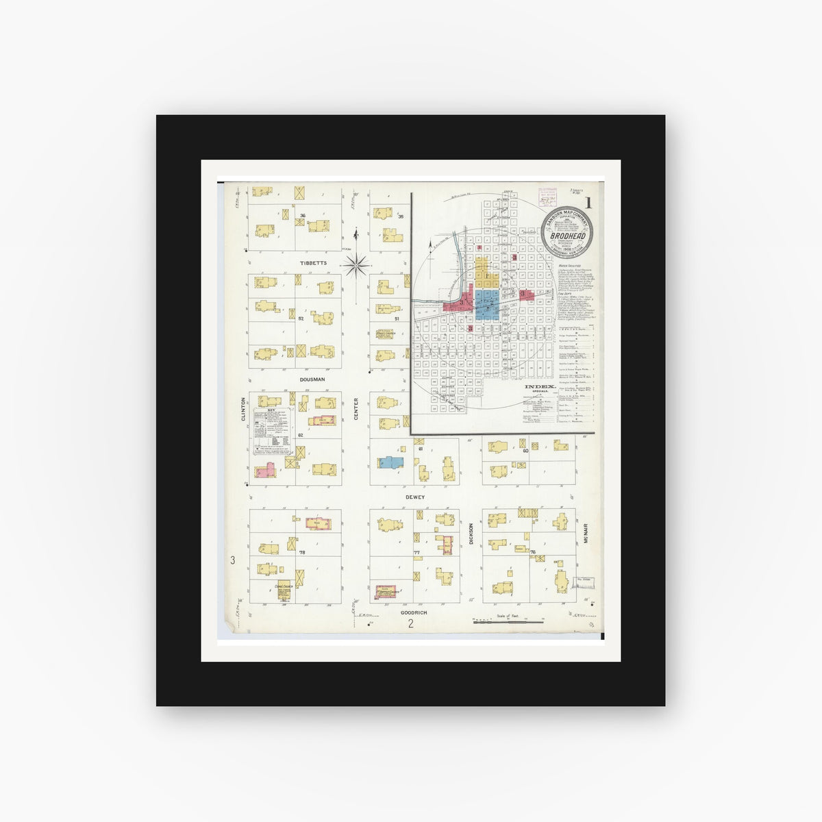 Old map wall art mockup — black gallery frame with white mat — Sanborn Fire Insurance Map from Brodhead, Green County, Wisconsin (1908) - Complete Map Set