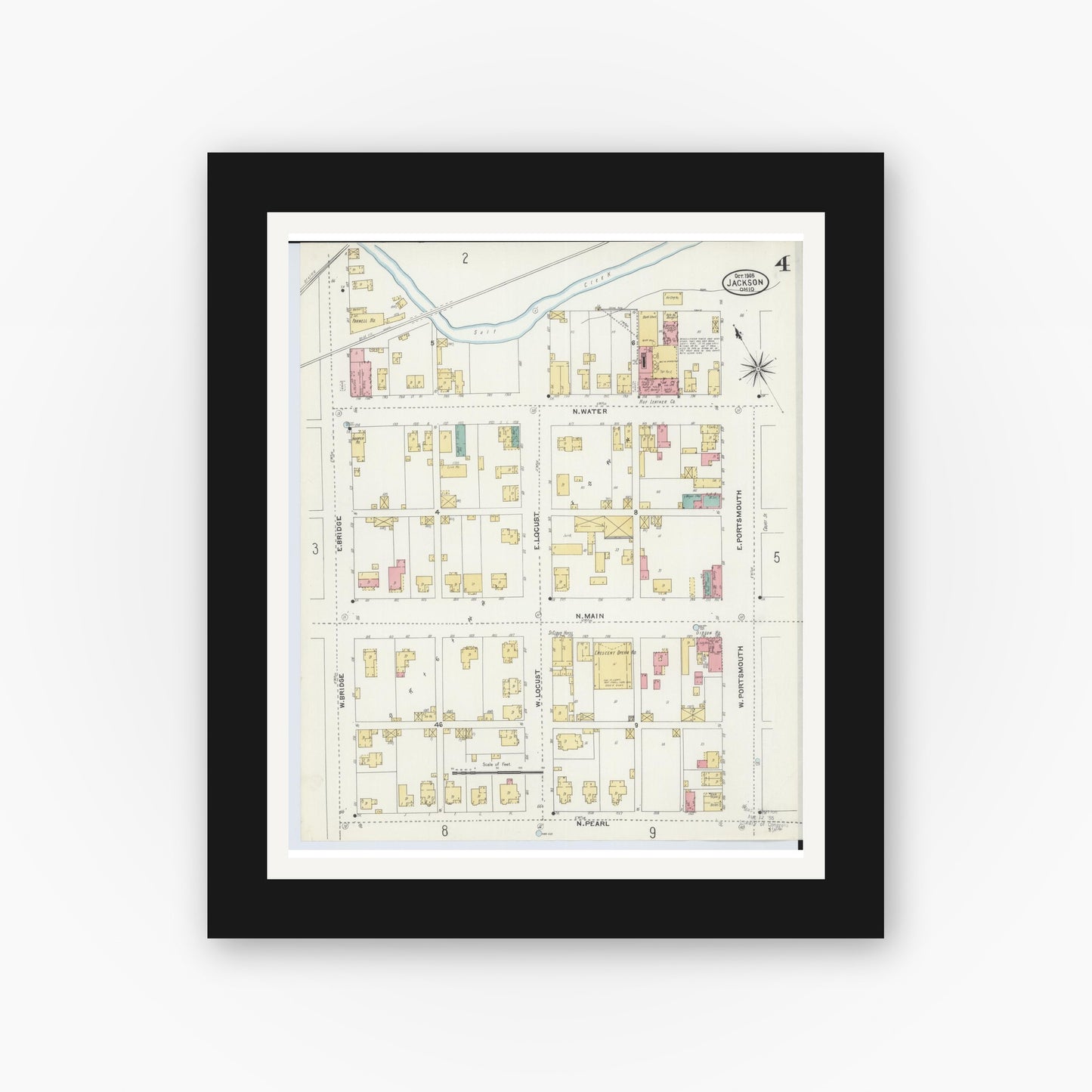 Old map wall art mockup — black gallery frame with white mat — Sanborn Fire Insurance Map from Jackson, Jackson County, Ohio (1905), Sheet #0004