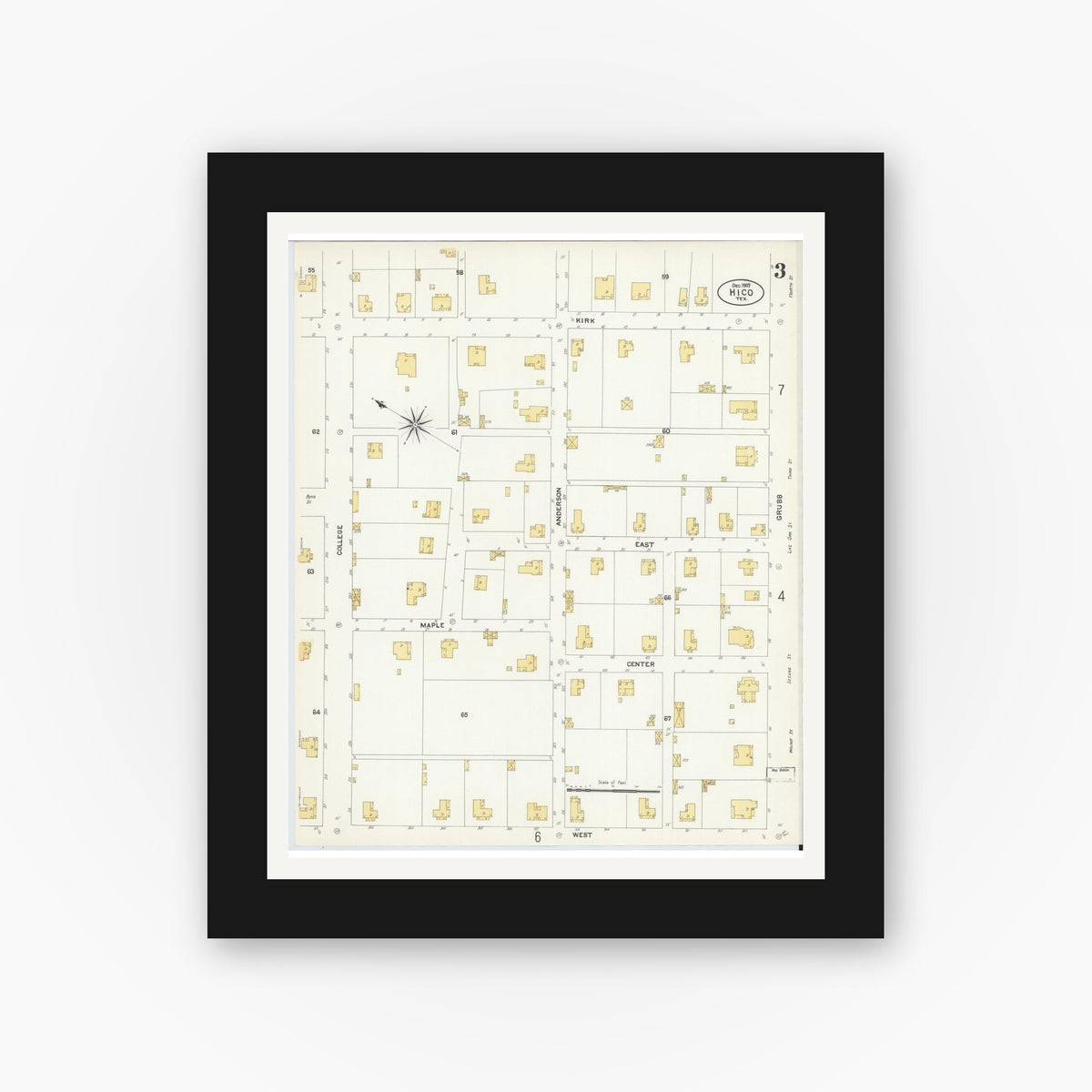 Old map wall art mockup — black gallery frame with white mat — Sanborn Fire Insurance Map from Hico, Hamilton County, Texas (1907), Sheet #0003
