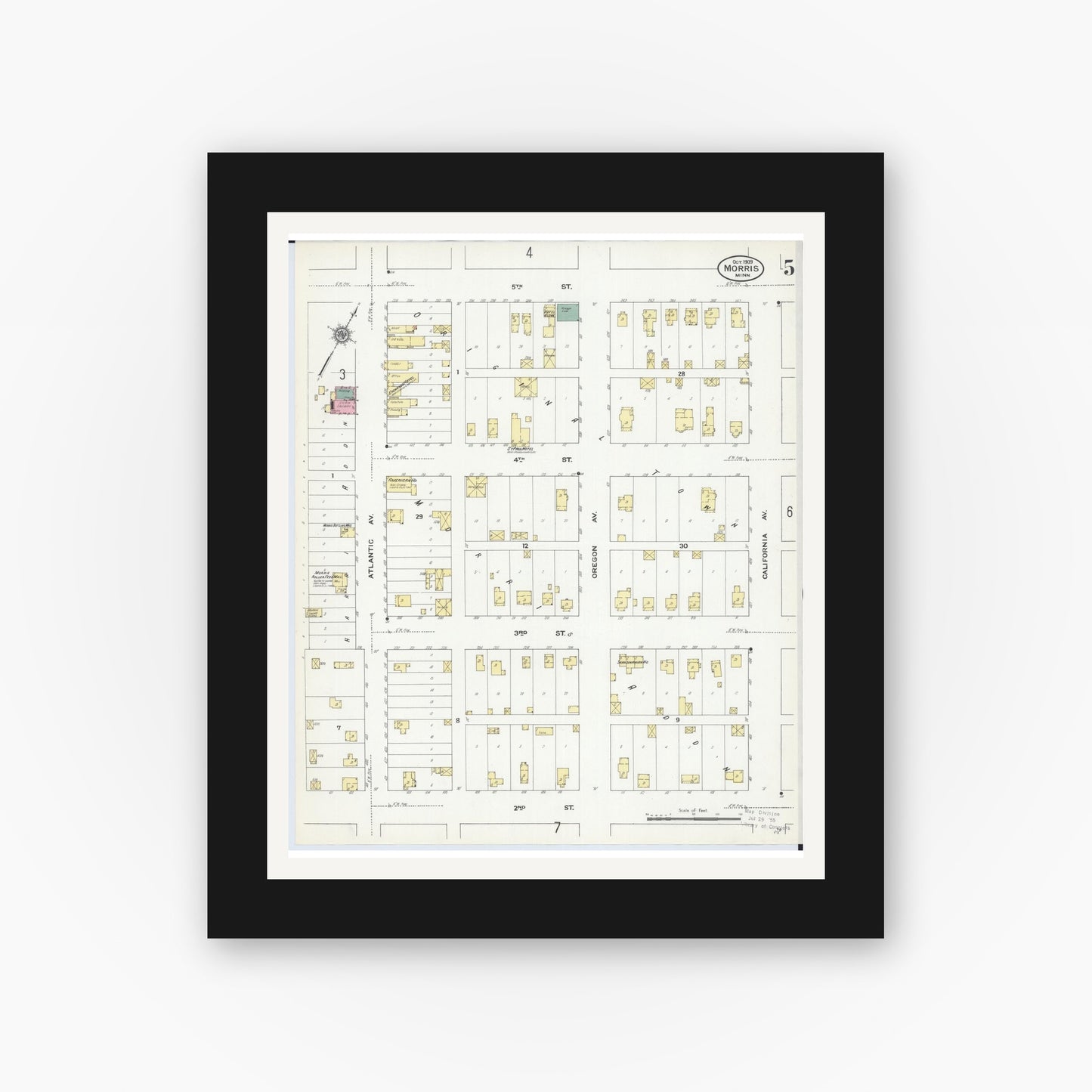 Old map wall art mockup — black gallery frame with white mat — Sanborn Fire Insurance Map from Morris, Stevens County, Minnesota (1909), Sheet #0005