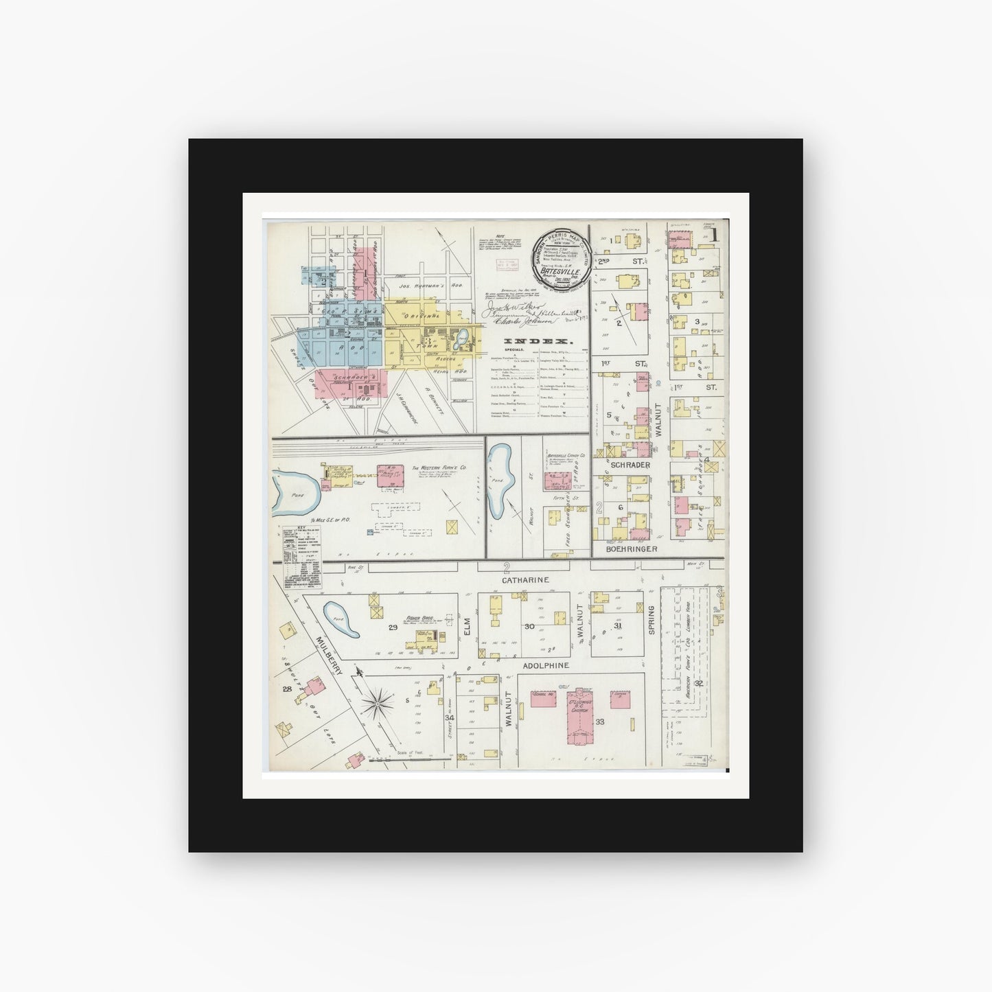 Old map wall art mockup — black gallery frame with white mat — Sanborn Fire Insurance Map from Batesville, Ripley County, Indiana (1892), Sheet #0001