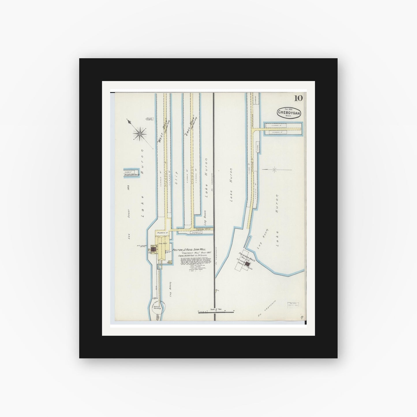 Old map wall art mockup — black gallery frame with white mat — Sanborn Fire Insurance Map from Cheboygan, Cheboygan County, Michigan (1890), Sheet #0010