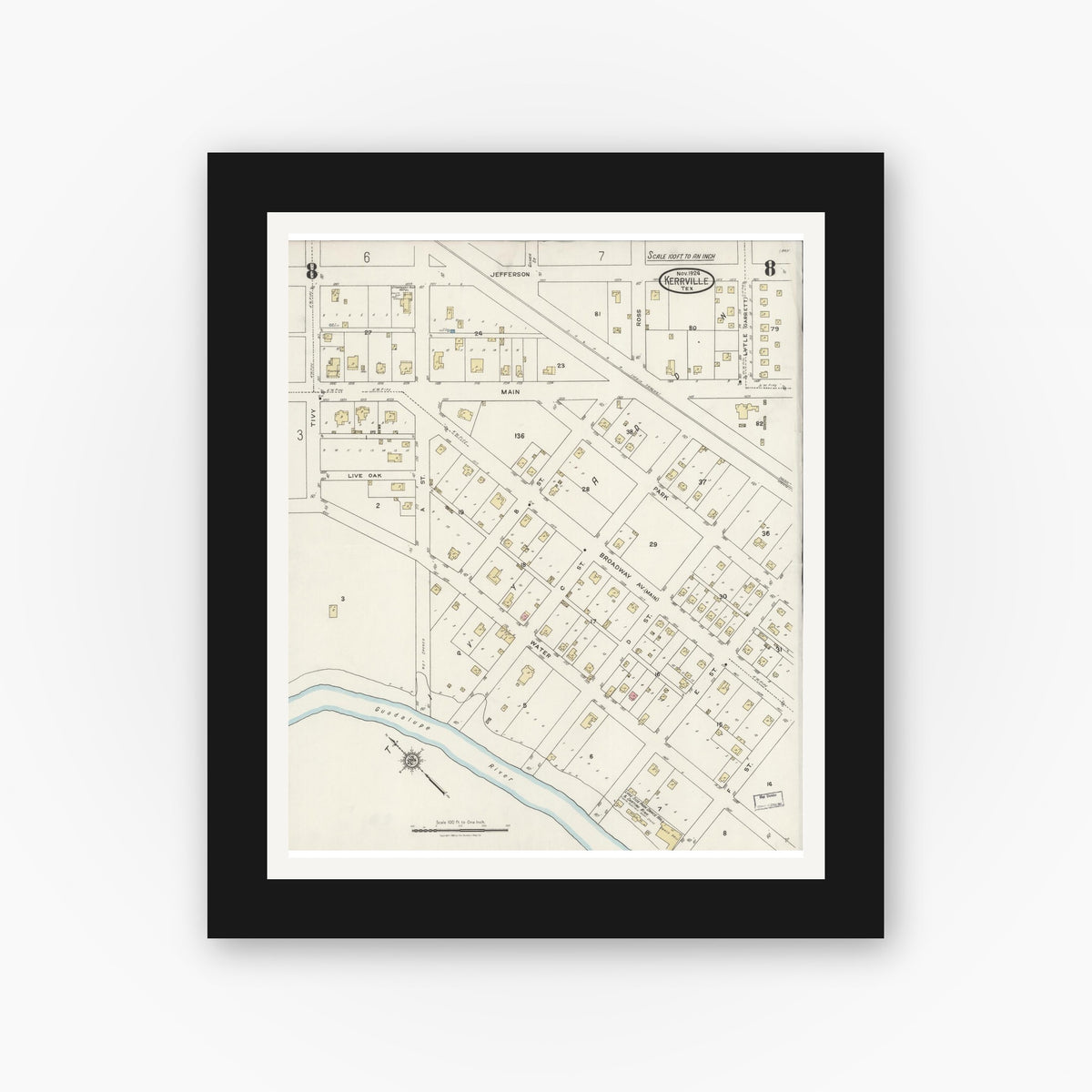 Old map wall art mockup — black gallery frame with white mat — Sanborn Fire Insurance Map from Kerrville, Kerr County, Texas (1924), Sheet #0008