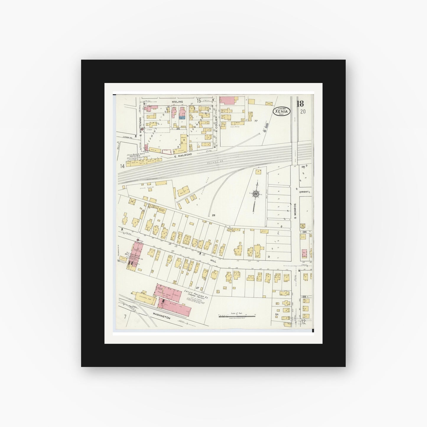 Old map wall art mockup — black gallery frame with white mat — Sanborn Fire Insurance Map from Xenia, Greene County, Ohio (1919), Sheet #0018