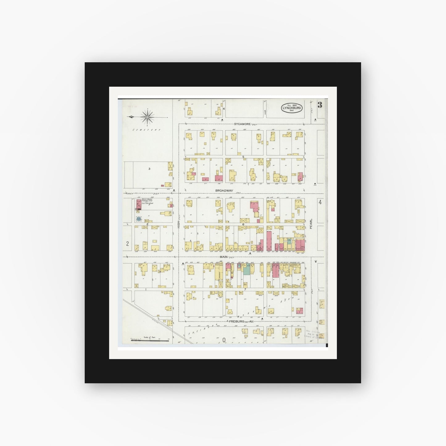 Old map wall art mockup — black gallery frame with white mat — Sanborn Fire Insurance Map from Lynchburg, Highland County, Ohio (1900), Sheet #0003