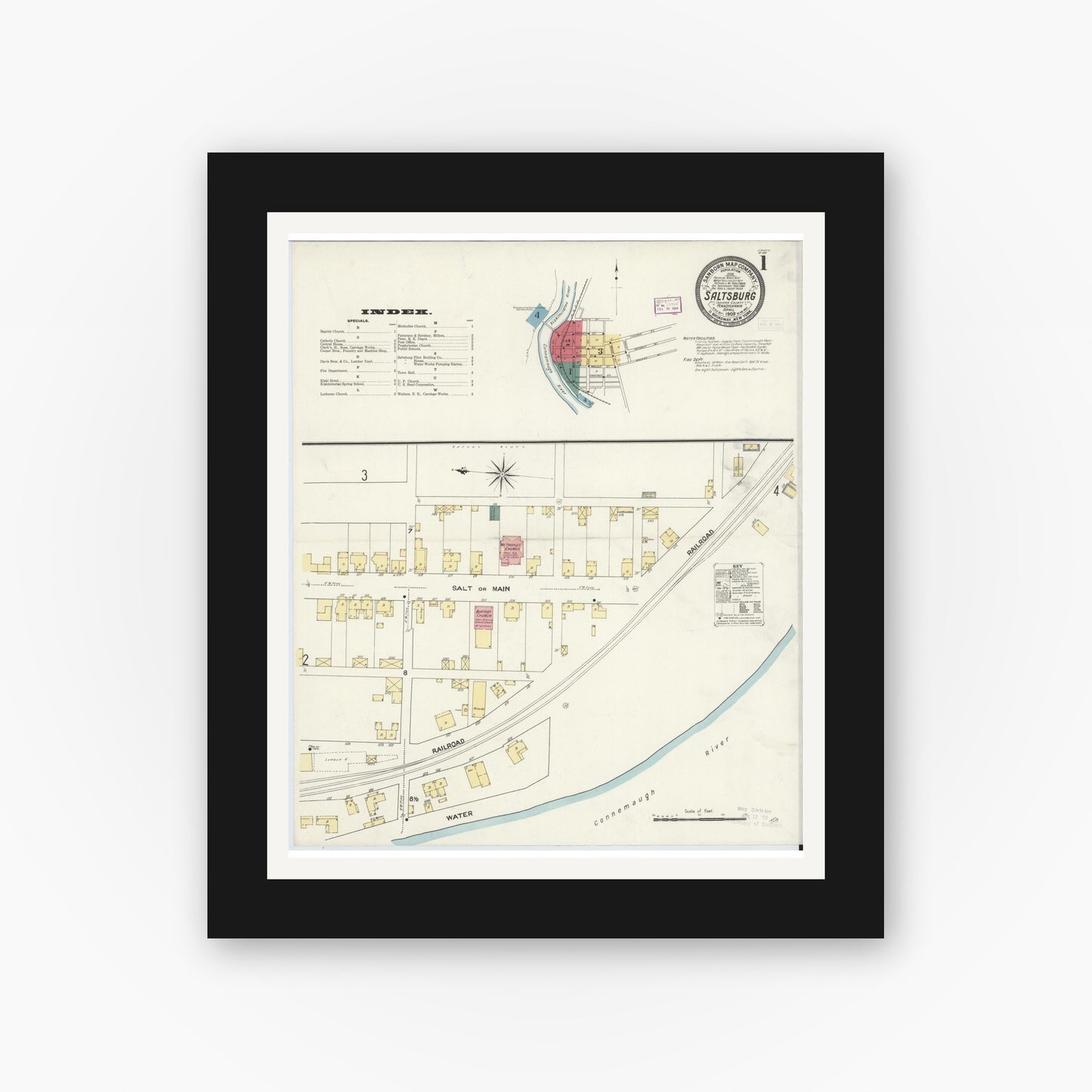 Old map wall art mockup — black gallery frame with white mat — Sanborn Fire Insurance Map from Saltsburg, Indiana County, Pennsylvania (1909) - Complete Map Set
