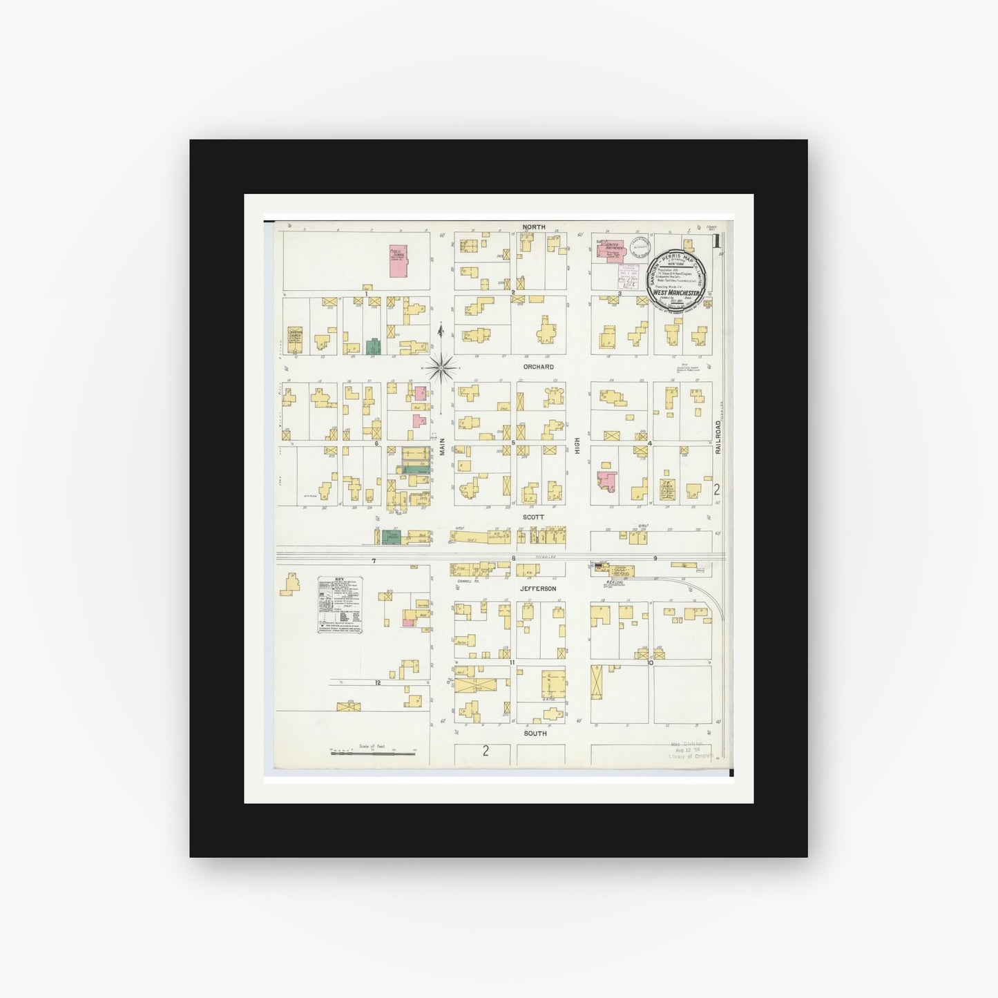 Old map wall art mockup — black gallery frame with white mat — Sanborn Fire Insurance Map from West Manchester, Preble County, Ohio (1901) - Complete Map Set