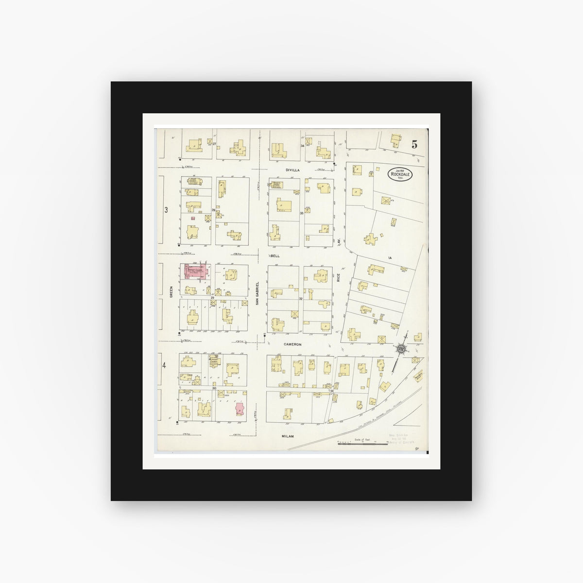 Old map wall art mockup — black gallery frame with white mat — Sanborn Fire Insurance Map from Rockdale, Milam County, Texas (1912), Sheet #0005