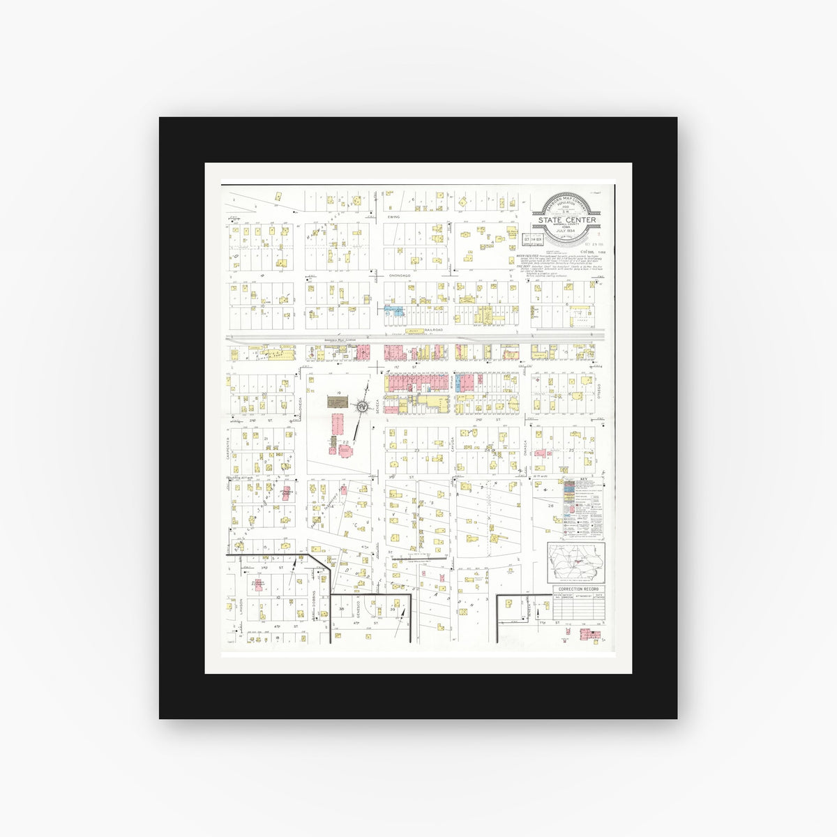 Old map wall art mockup — black gallery frame with white mat — Sanborn Fire Insurance Map from State Center, Marshall County, Iowa (1934), Sheet #0001