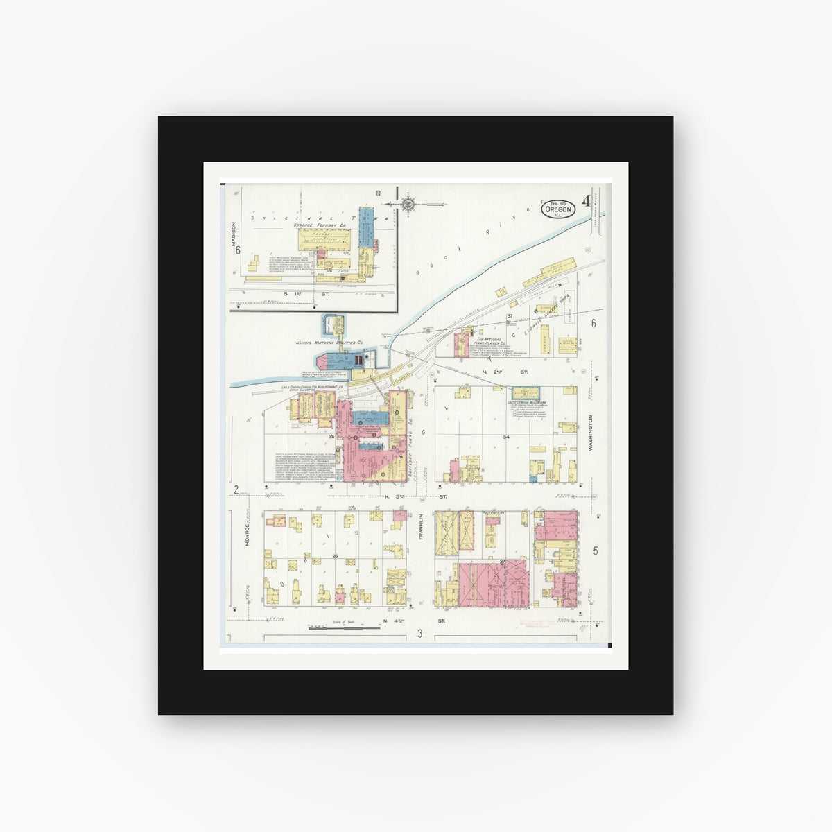 Old map wall art mockup — black gallery frame with white mat — Sanborn Fire Insurance Map from Oregon, Ogle County, Illinois (1913), Sheet #0004