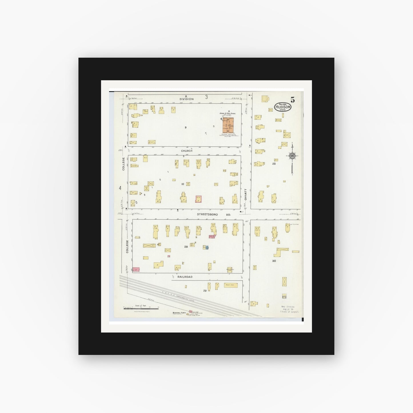 Old map wall art mockup — black gallery frame with white mat — Sanborn Fire Insurance Map from Hudson, Summit County, Ohio (1916), Sheet #0005