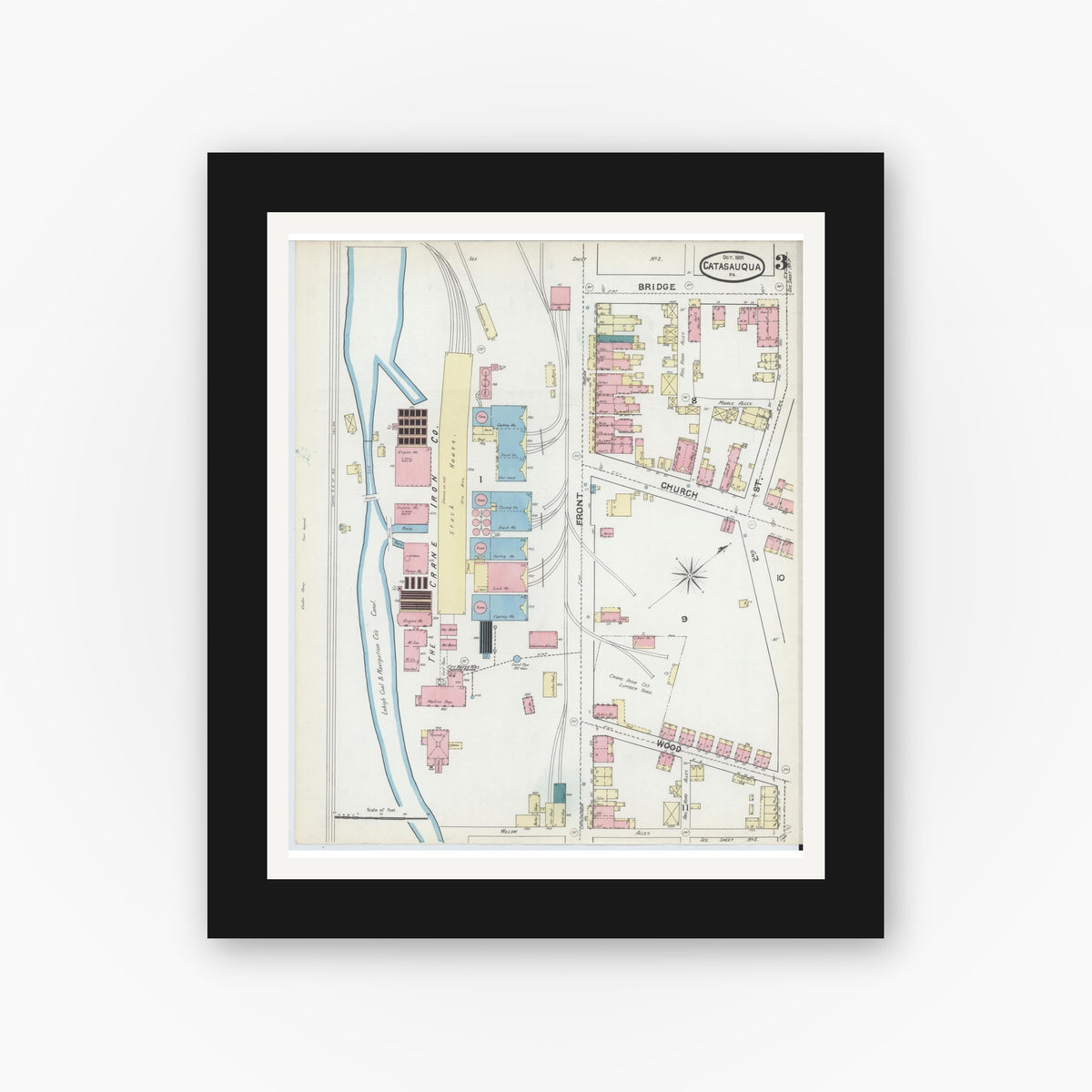 Old map wall art mockup β black gallery frame with white mat β Sanborn Fire Insurance Map from Catasauqua, Lehigh County, Pennsylvania (1891), Sheet #0003