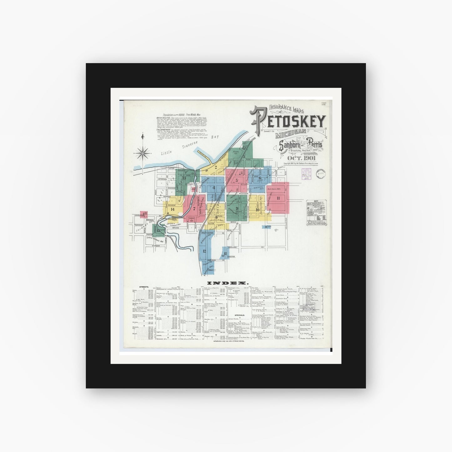 Old map wall art mockup — black gallery frame with white mat — Sanborn Fire Insurance Map from Petoskey, Emmet County, Michigan (1901) - Complete Map Set