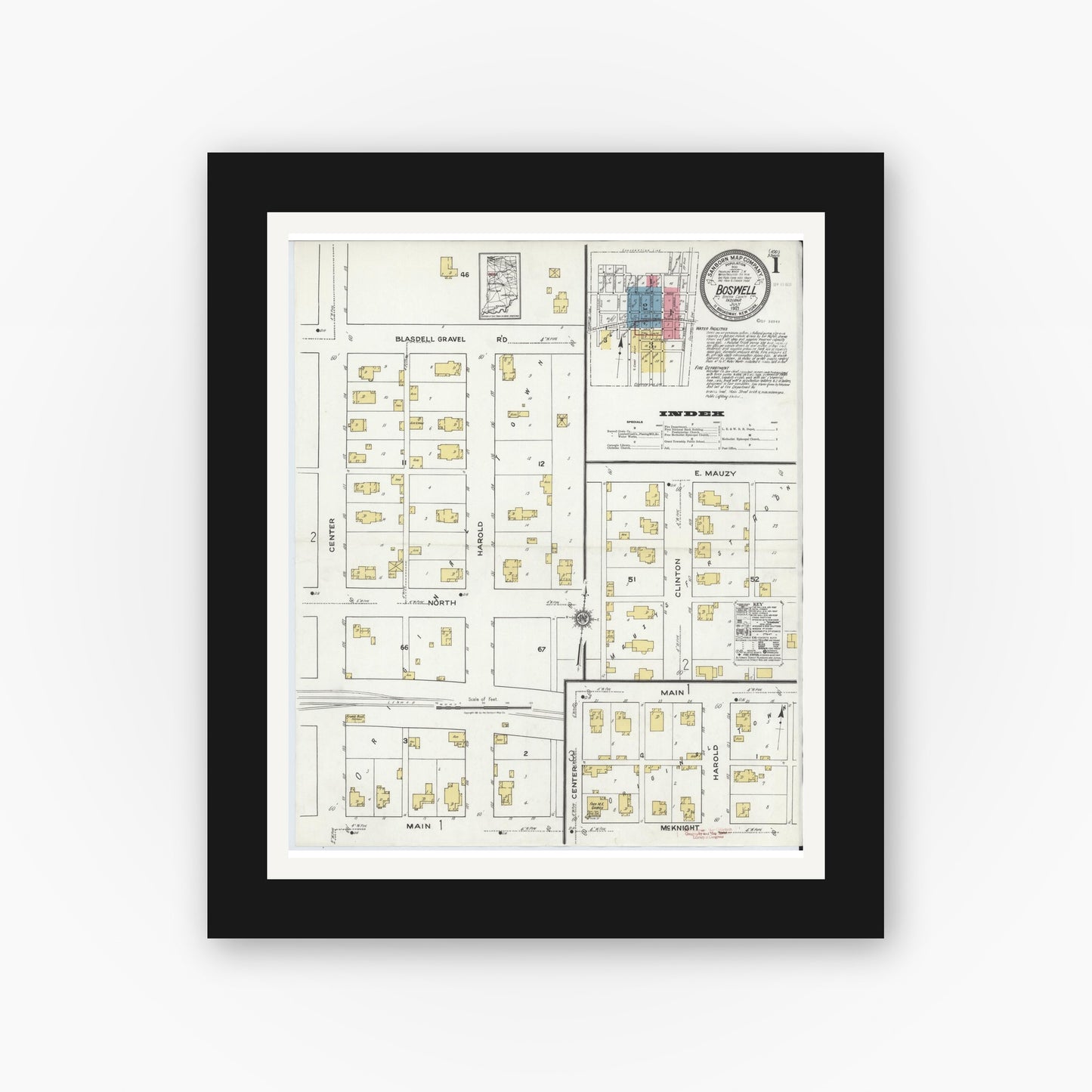 Old map wall art mockup — black gallery frame with white mat — Sanborn Fire Insurance Map from Boswell, Benton County, Indiana (1921) - Complete Map Set