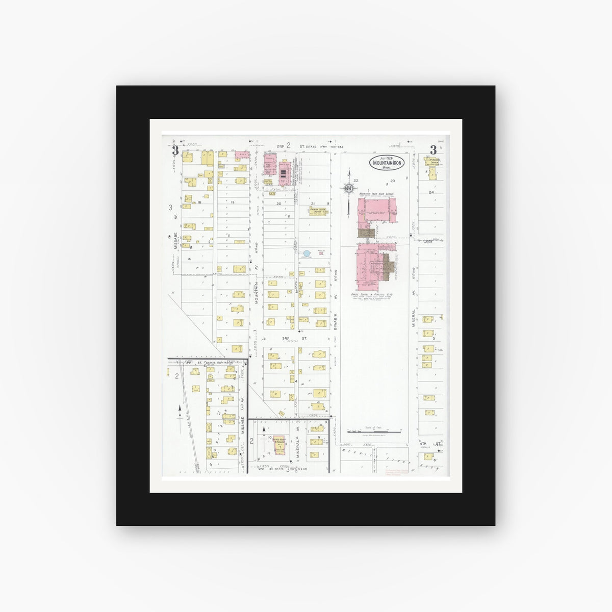 Old map wall art mockup — black gallery frame with white mat — Sanborn Fire Insurance Map from Mountain Iron, Saint Louis County, Minnesota (1928), Sheet #0003