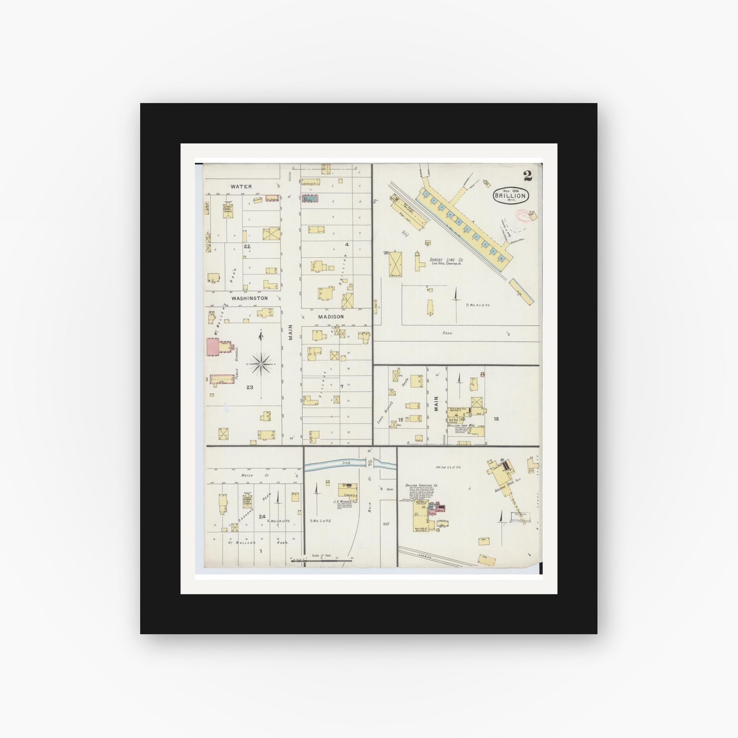 Old map wall art mockup — black gallery frame with white mat — Sanborn Fire Insurance Map from Brillion, Calumet County, Wisconsin (1894), Sheet #0002