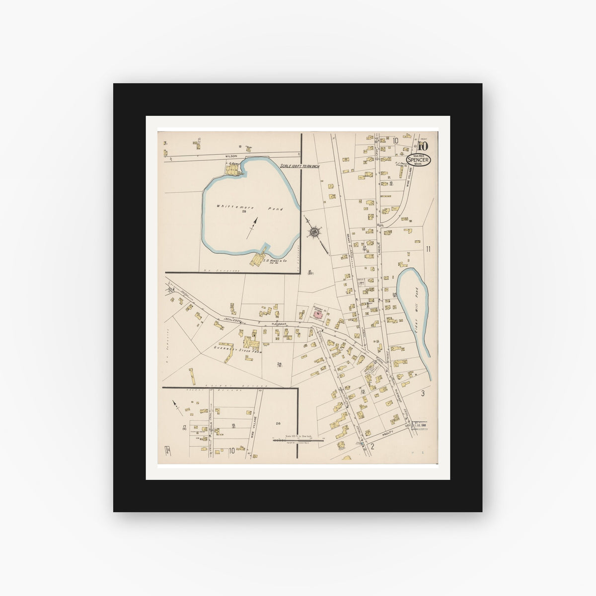 Old map wall art mockup — black gallery frame with white mat — Sanborn Fire Insurance Map from Spencer, Worcester County, Massachusetts (1922), Sheet #0010