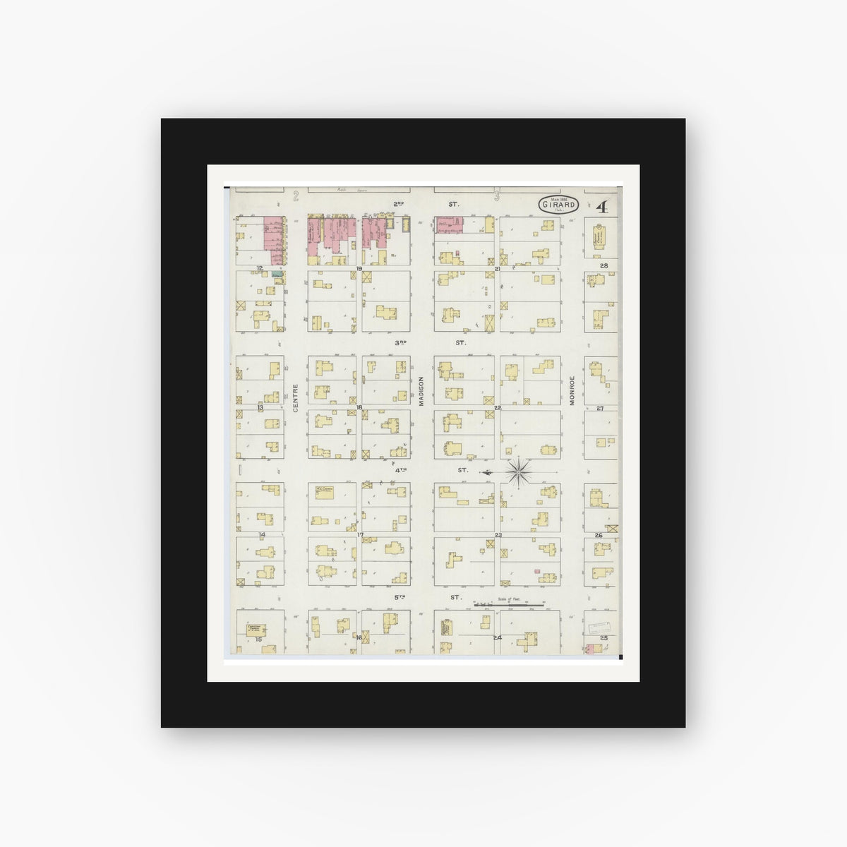 Old map wall art mockup — black gallery frame with white mat — Sanborn Fire Insurance Map from Girard, Macoupin County, Illinois (1894), Sheet #0004