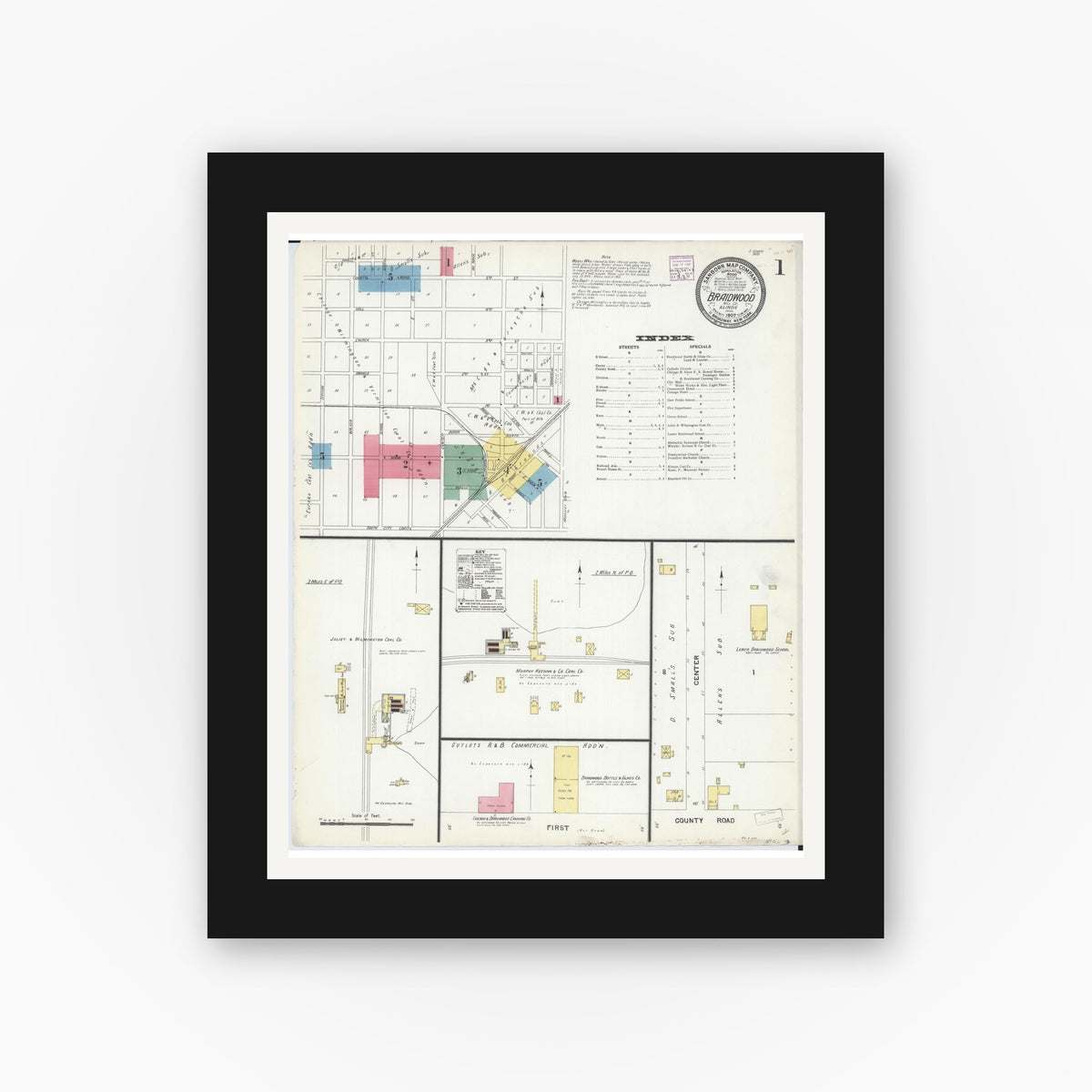 Old map wall art mockup — black gallery frame with white mat — Sanborn Fire Insurance Map from Braidwood, Will County, Illinois (1907), Sheet #0001