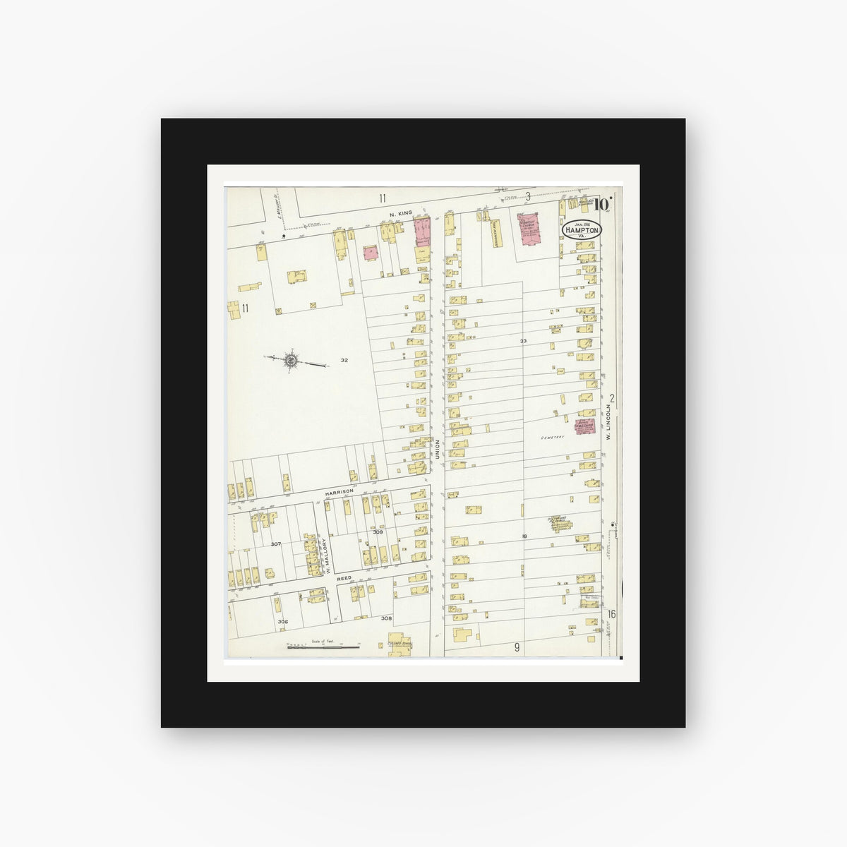 Old map wall art mockup — black gallery frame with white mat — Sanborn Fire Insurance Map from Hampton, Independent Cities, Virginia (1916), Sheet #0010